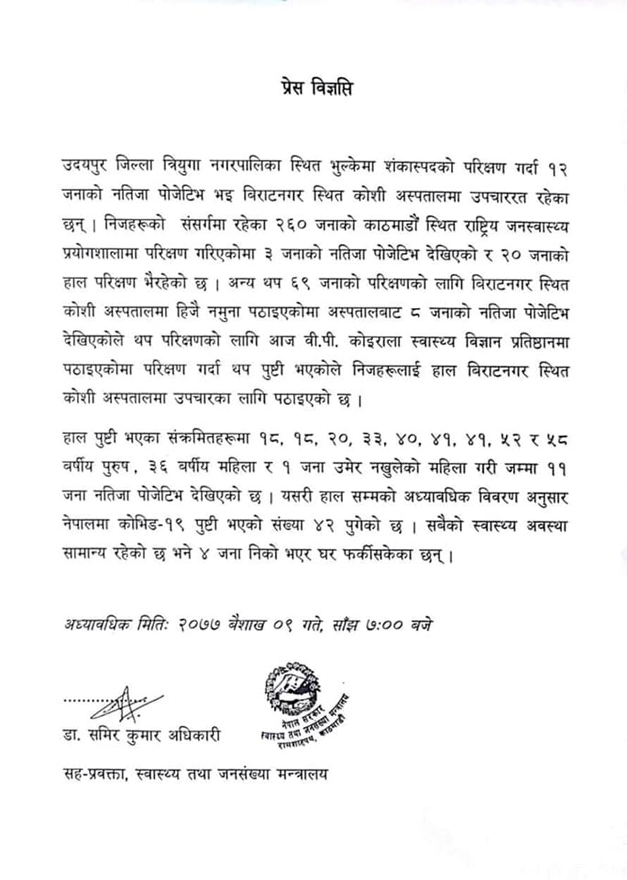 नेपालमा एकैदिन ११ जनामा कोरोना संक्रमण पुष्टि, संक्रमितको संख्या ४२ पुग्यो