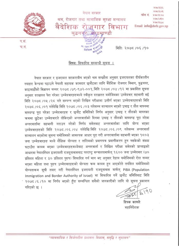 इजरायल रोजगारी :‘केयरगिभर’मा जान योग्य १६०० जनाको नाम ‘पिआइबीए’मा सिफारिस (सूचिसहित)