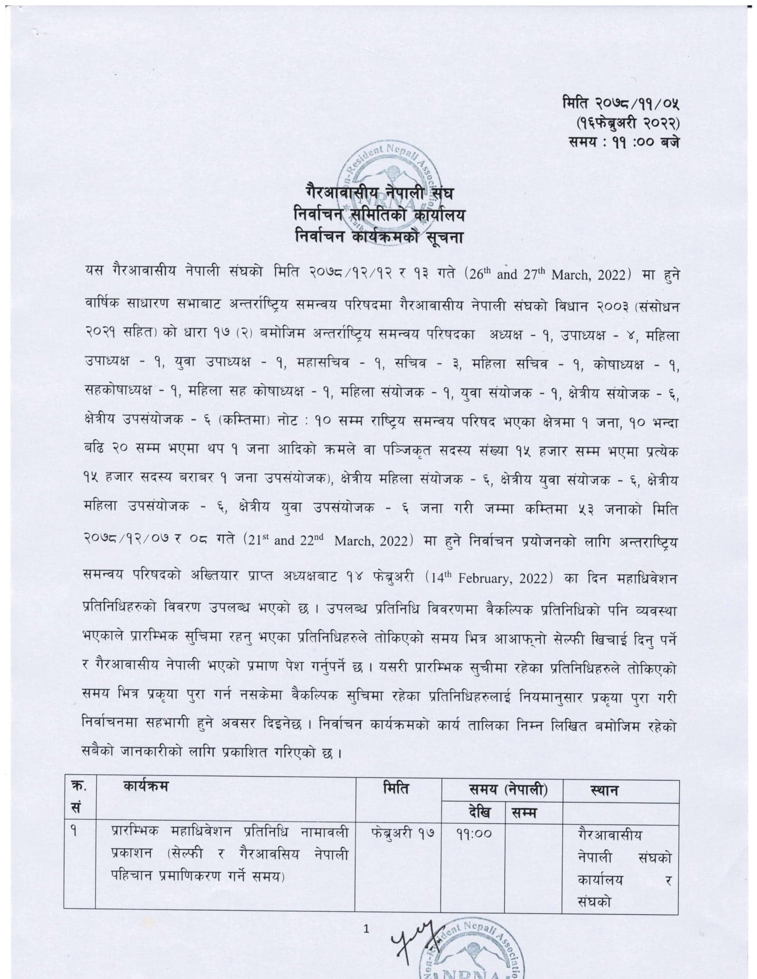 एनआरएनए निर्वाचनको नयाँ मिति सार्वजनिक, यस्तो छ निर्वाचन कार्यतालिका