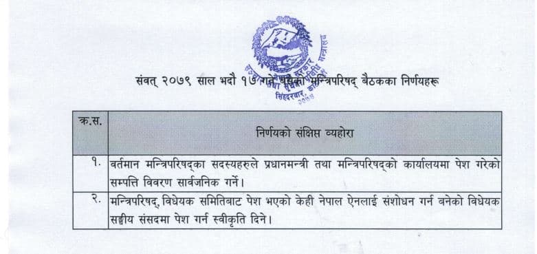 मन्त्रिपरिषद् सदस्यको सम्पत्ति विवरण सार्वजनिक गरिने, यस्ता छन् मन्त्रिपरिषद् बैठकका २८ निर्णय