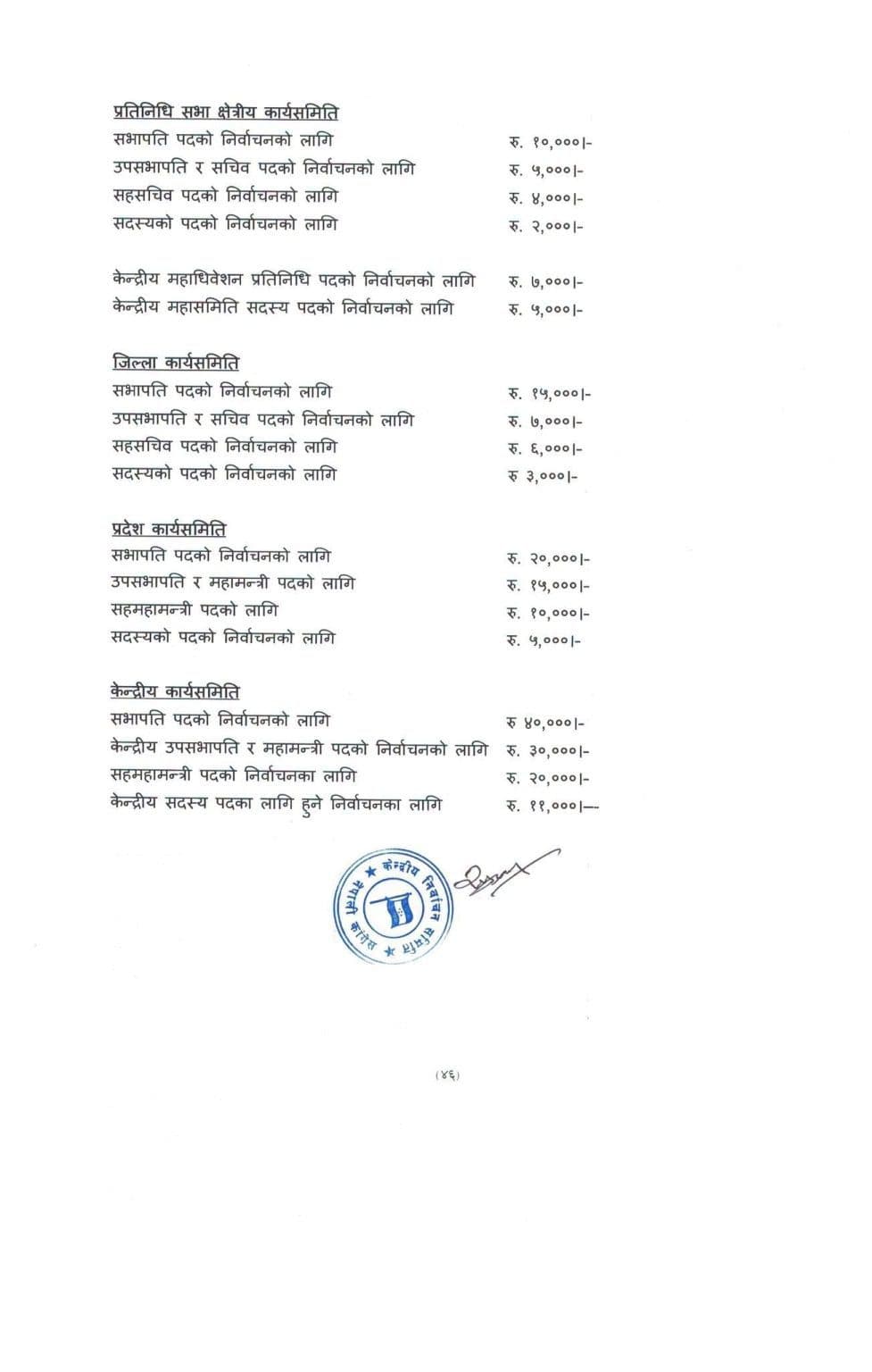 कांग्रेस सभापतिको उम्मेदवारका लागि ४० हजार शुल्क निर्धारण, अरूका लागि कति ?