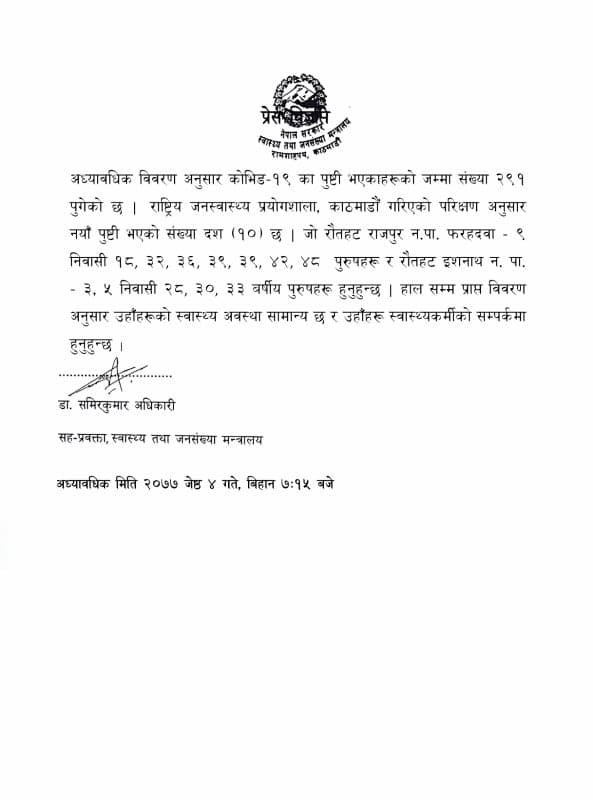 रौतहटमा थप १० जनामा कोरोना संक्रमण पुष्टि, नेपालमा संक्रमितको संख्या २९१ पुग्यो